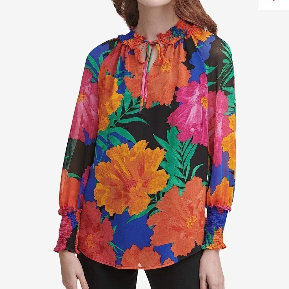 Calvin Klein Long Sleeve Blouse Ruffles Tie Bold Floral Size L
